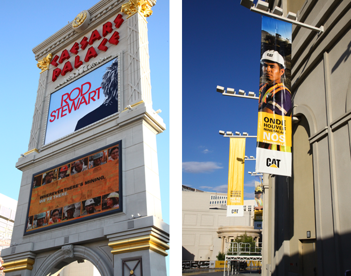 Caesar's palace marquee with Caterpillar video with Cat banners hanging outside
